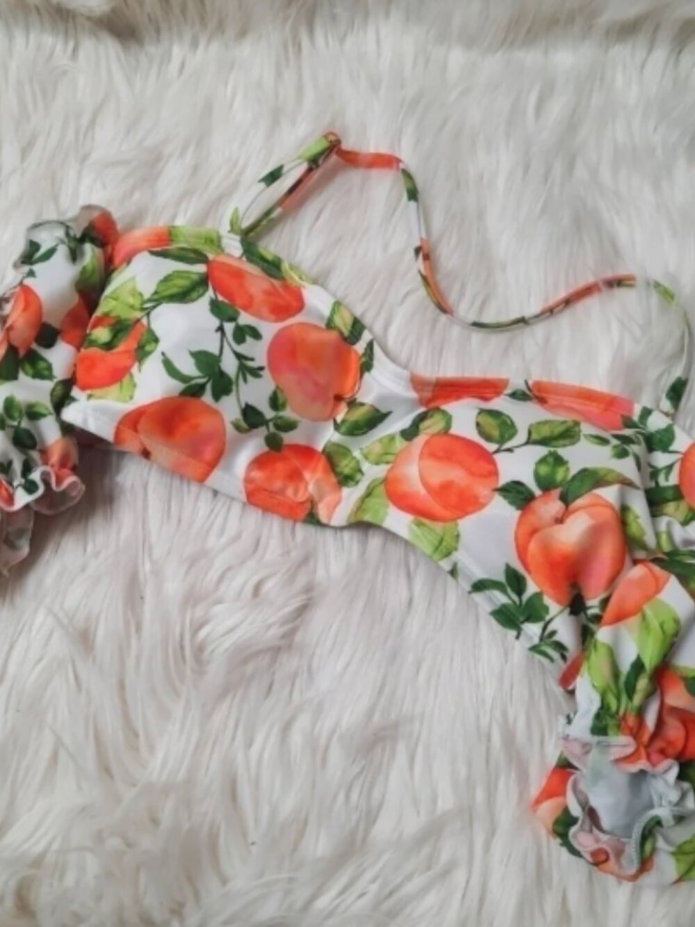 BCBG Peach Print Puff Sleeve Bikini Swim Top – Size Large 🍑👙